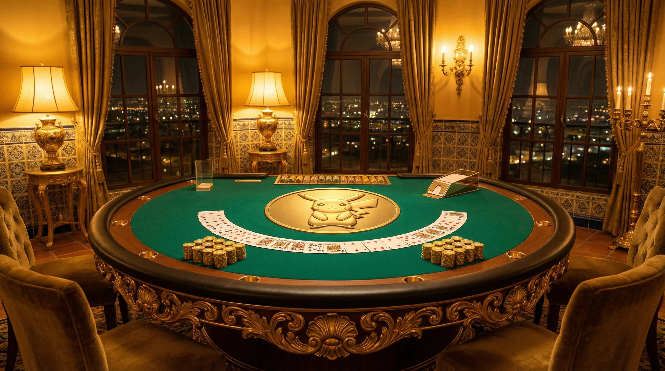 Mesa de bacará elegante con emblema dorado en casino de lujo