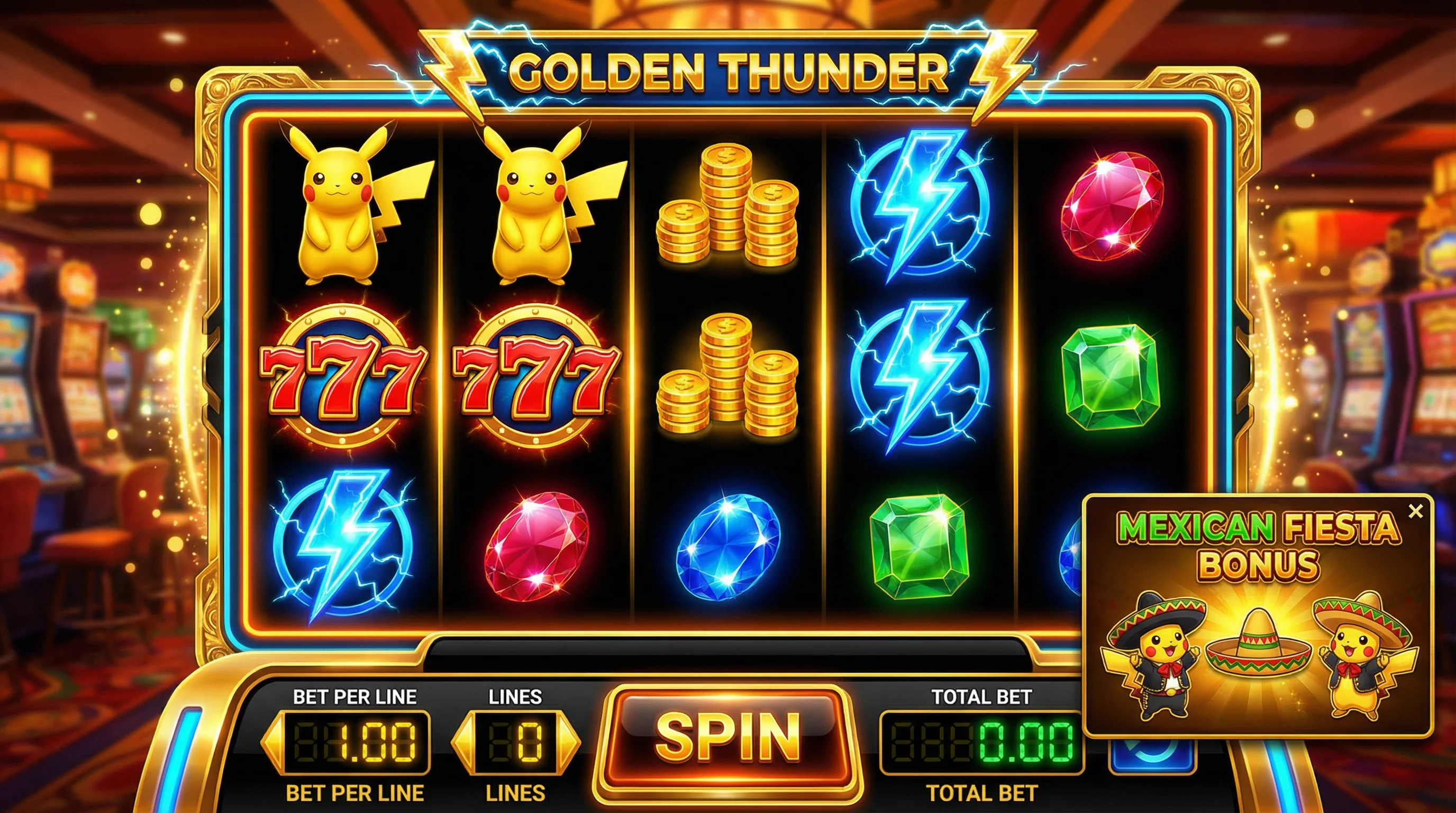 Tragamonedas Golden Thunder con símbolos de casino dorado
